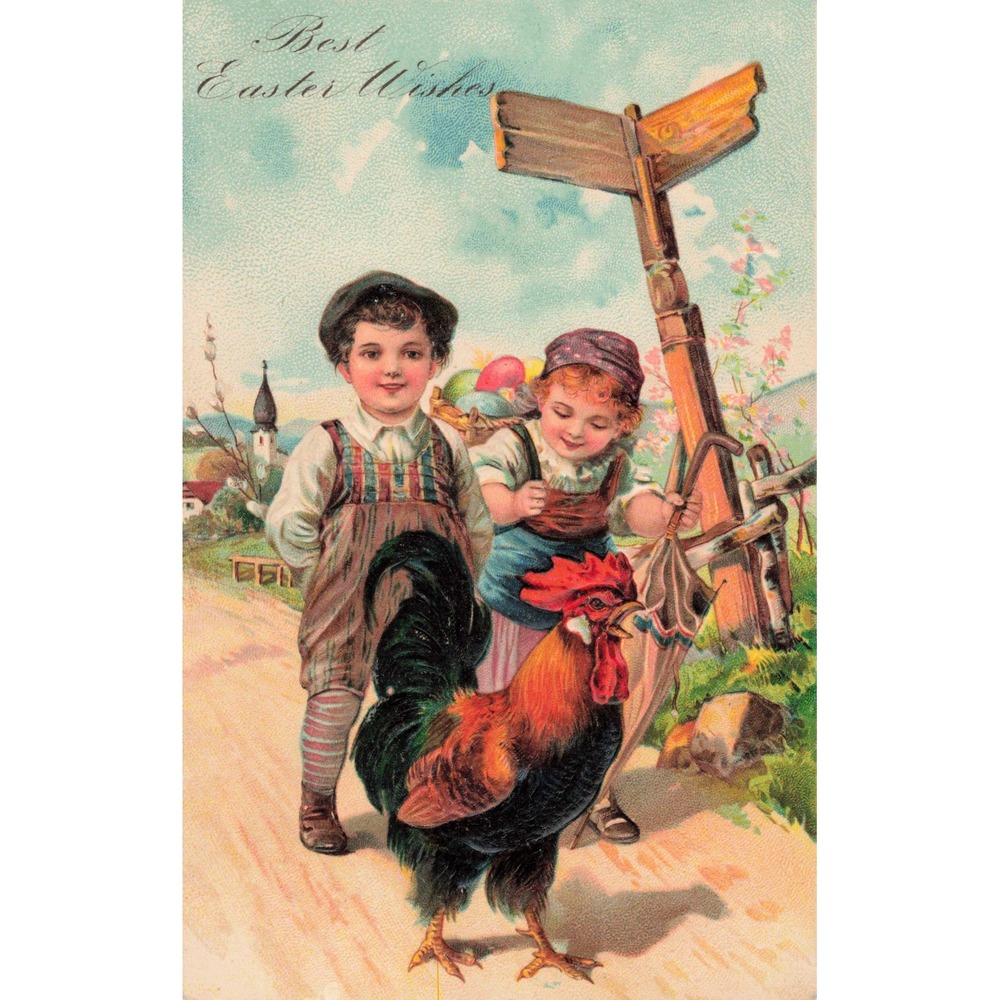 Easter Postcard PFB 6800 Children Rooster Eggs Signpost Embossed Antique 1908 - Picture 1 of 2
